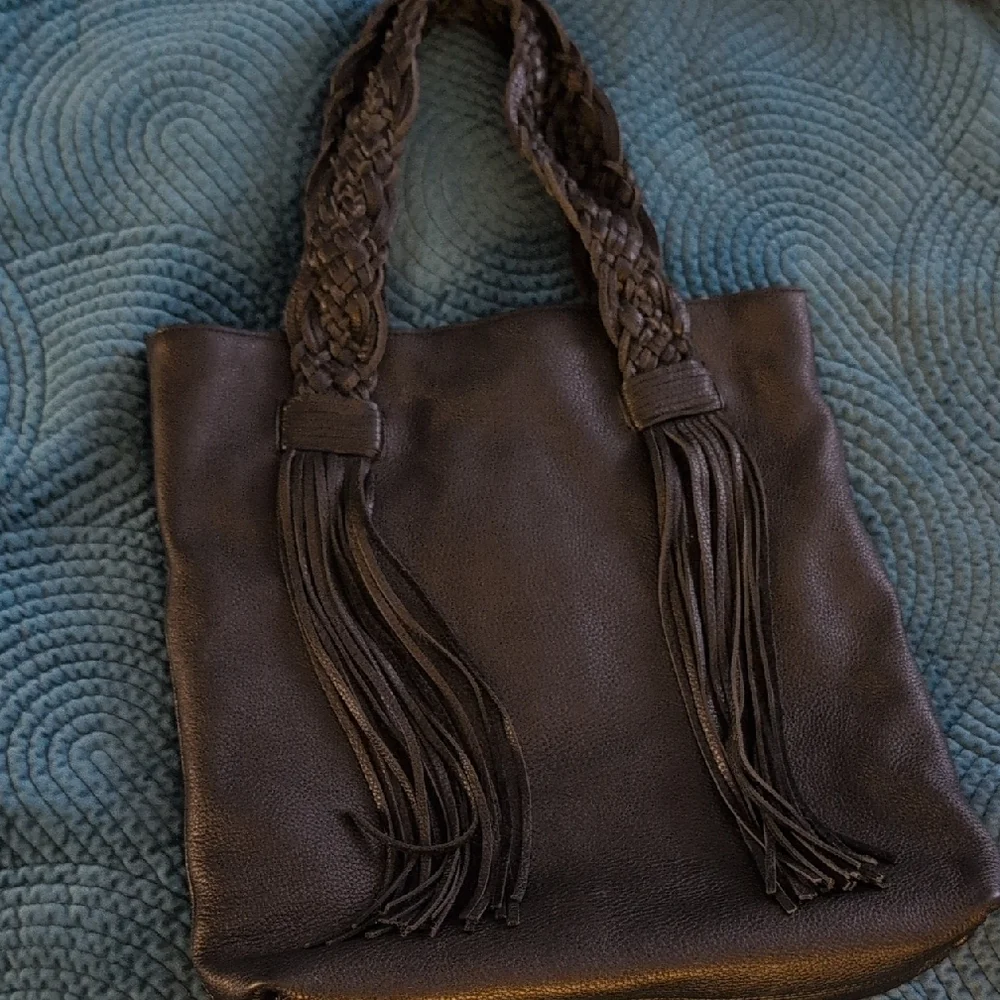 Rebecca Minkoff Black Leather Tote Handbag with Fringe - Picture 5 of 8